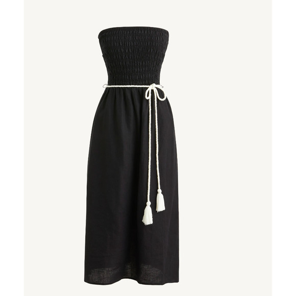NWT J. Crew Smocked Linen Bandeau Beach Dress M Black Travel Resort Cruise BQ990 - Picture 3 of 4